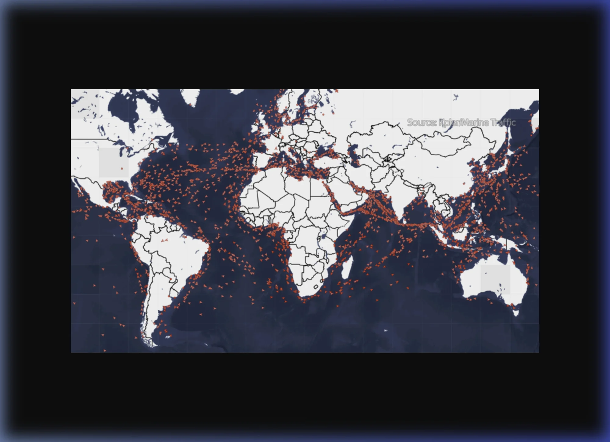 全球油輪即時追蹤地圖，波斯灣區域船舶訊號歸零（圖片來源：Kpler / MarineTraffic）
